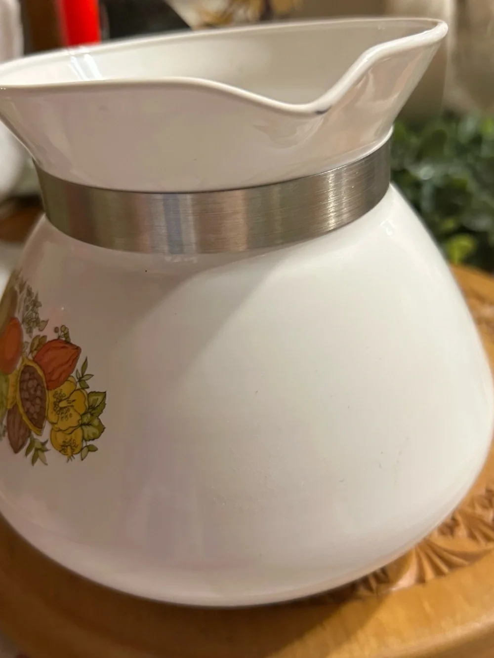 Corningware White Enamel Kettle with Fruit Floral Decal and Black Handle